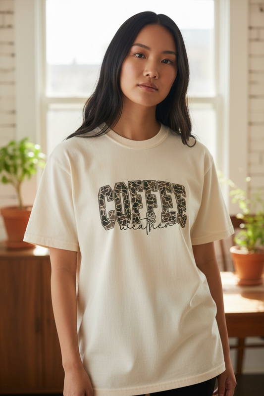 Coffee Weather T-Shirt — Vintage camo Coffee Lover Tee