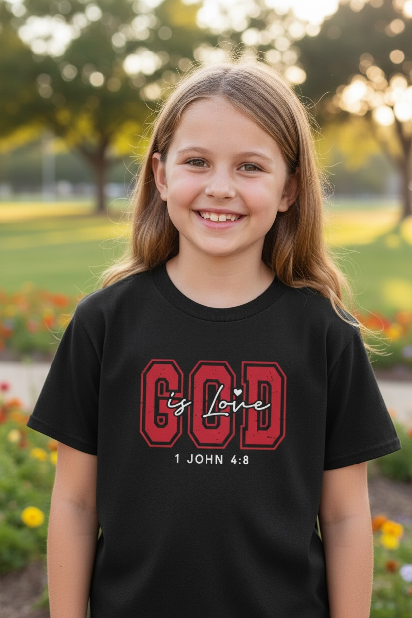 Kids Tee — Distressed Red 'GOD is love' Varsity Lettering