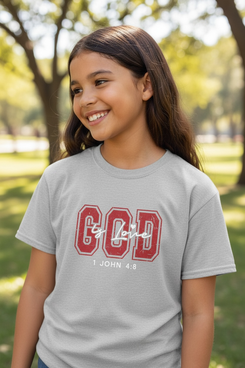 Kids Tee — Distressed Red 'GOD is love' Varsity Lettering