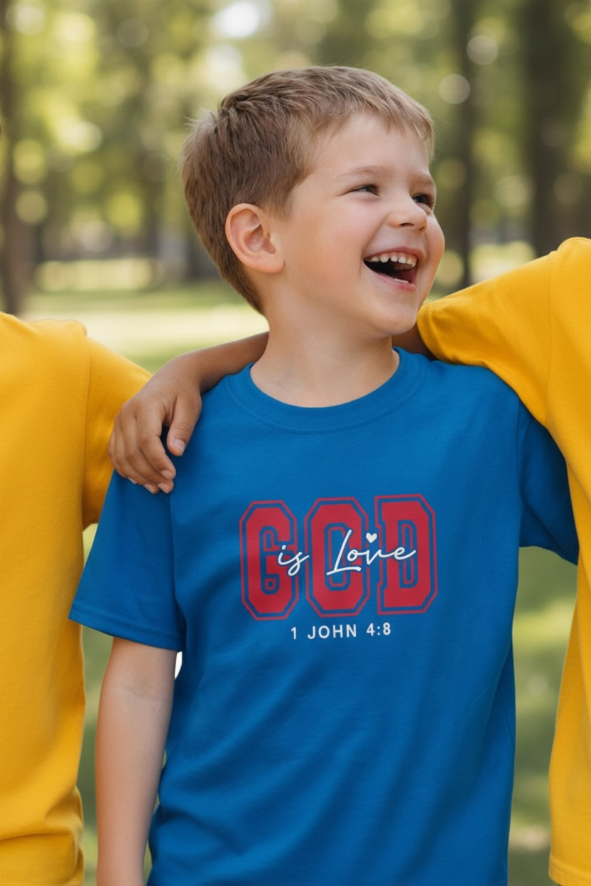Kids Tee — Distressed Red 'GOD is love' Varsity Lettering