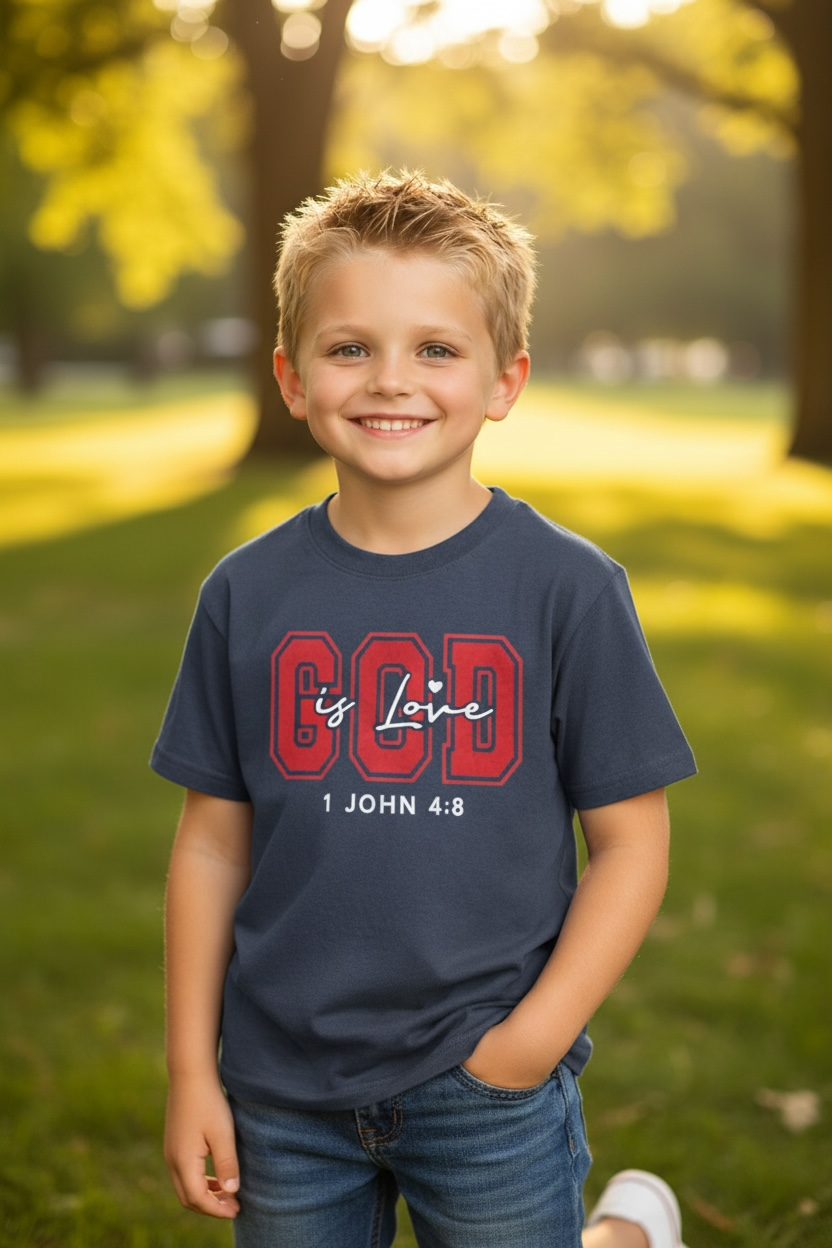Kids Tee — Distressed Red 'GOD is love' Varsity Lettering