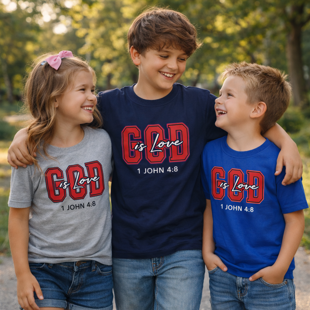 Kids Tee — Distressed Red 'GOD is love' Varsity Lettering