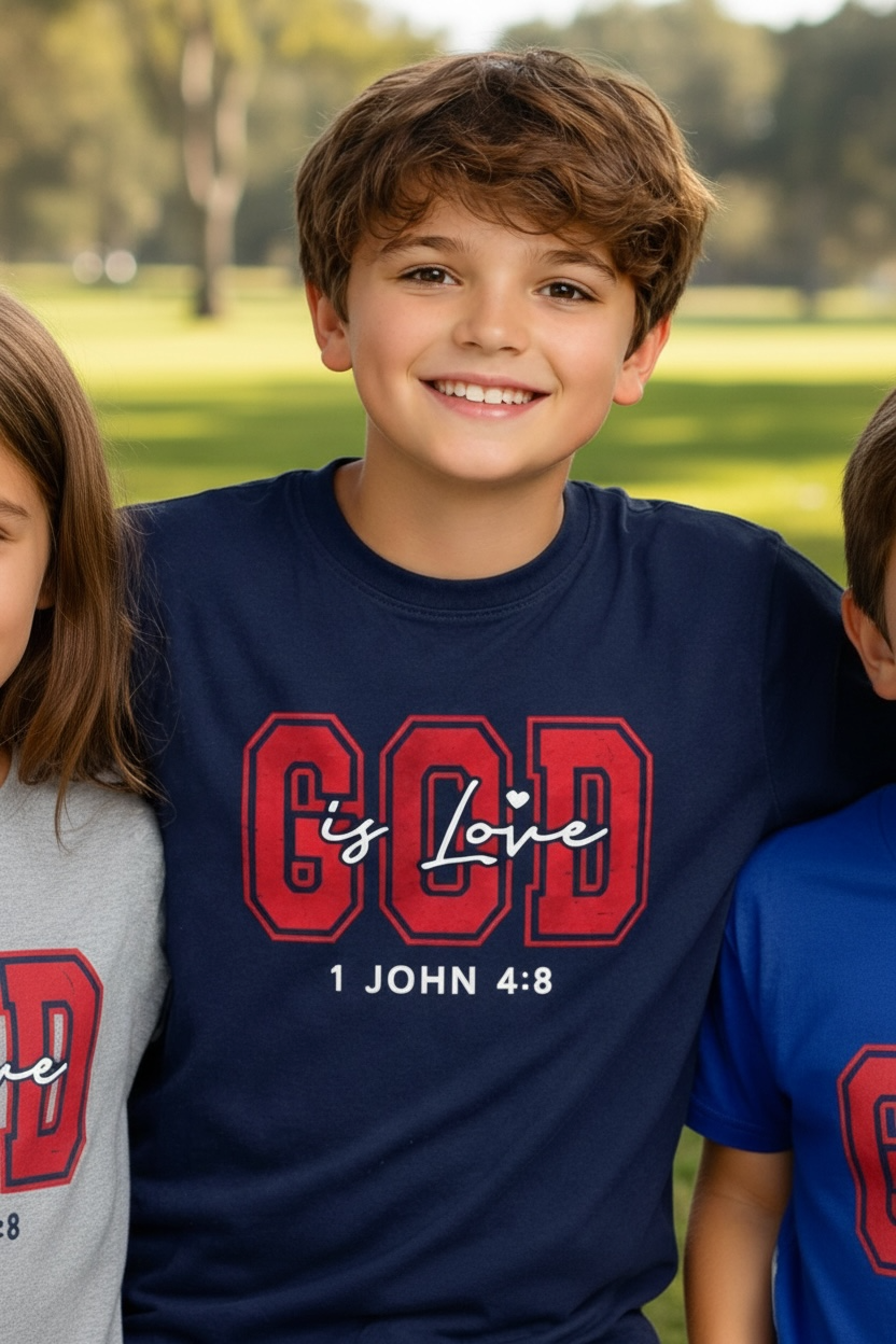 Kids Tee — Distressed Red 'GOD is love' Varsity Lettering