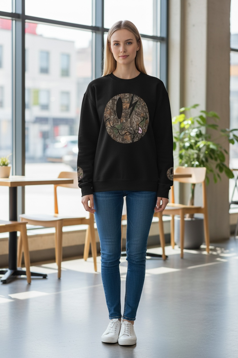 Woodland Camouflage Vintage Smily Face Circle Sweatshirt | Tree Bark Nature Crewneck