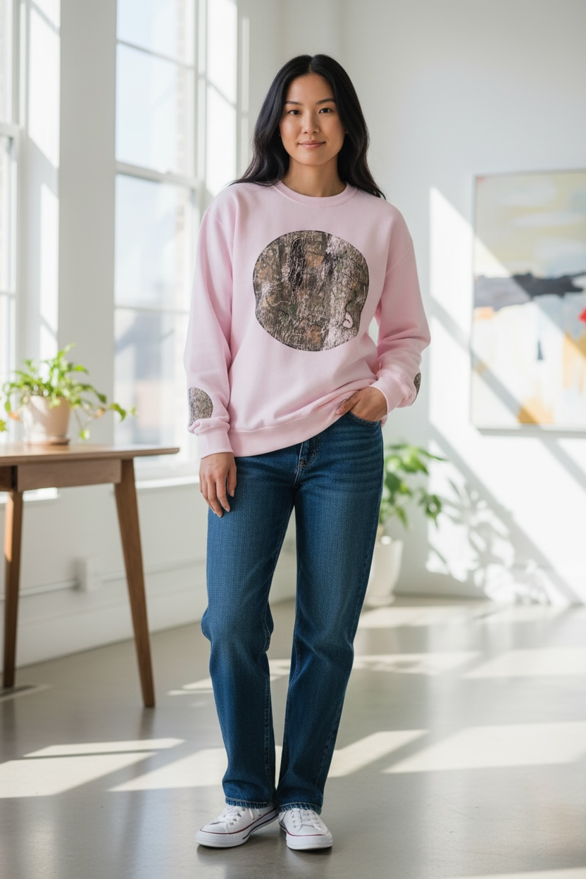 Woodland Camouflage Vintage Smily Face Circle Sweatshirt | Tree Bark Nature Crewneck