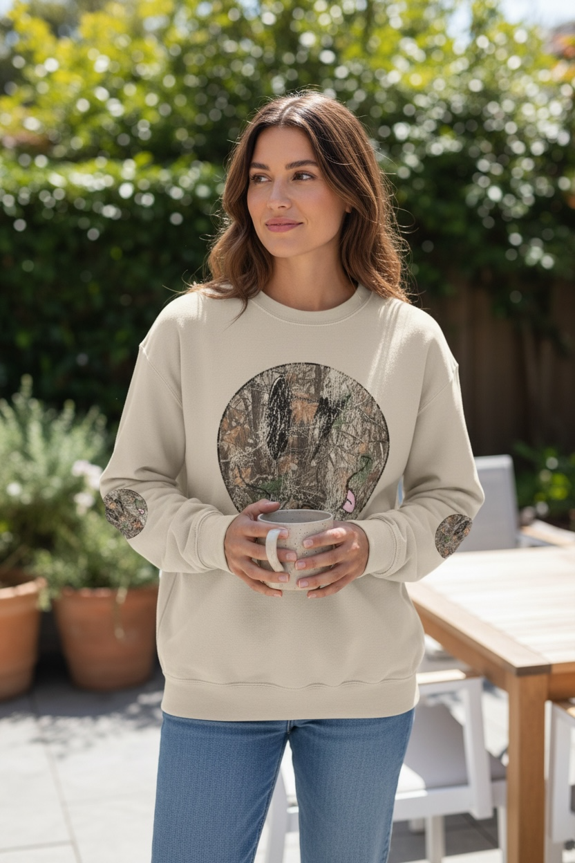 Woodland Camouflage Vintage Smily Face Circle Sweatshirt | Tree Bark Nature Crewneck