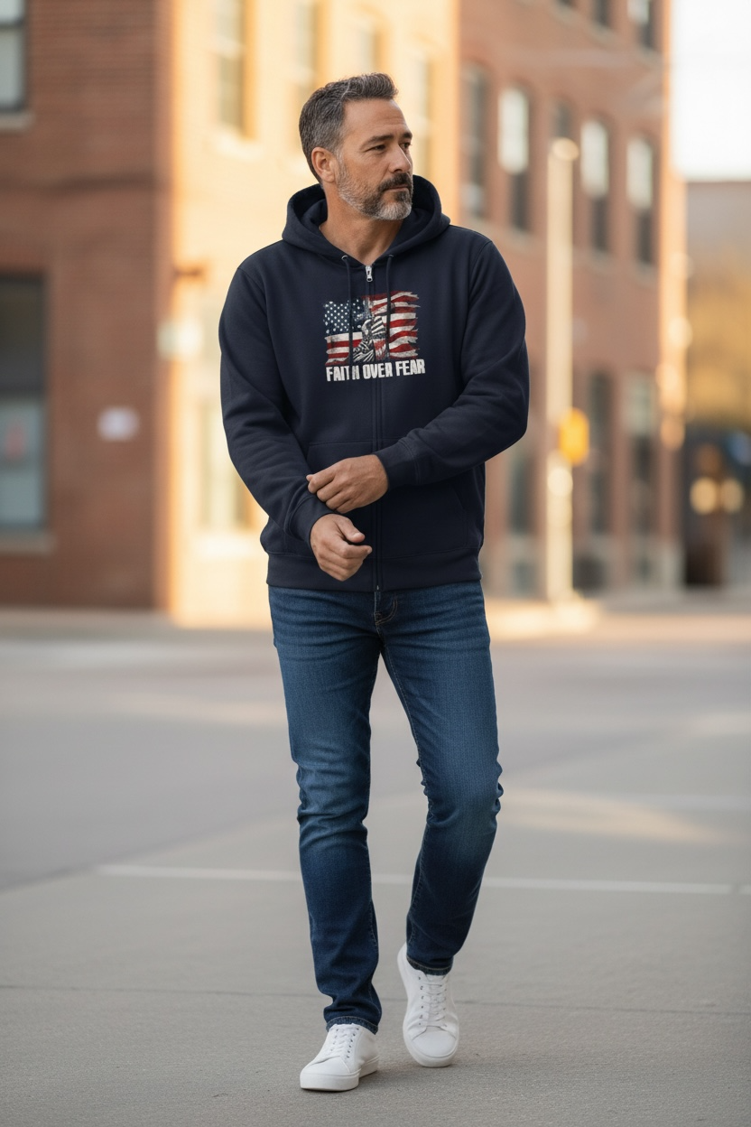 Faith Over Fear American Flag Cross Zip Hoodie