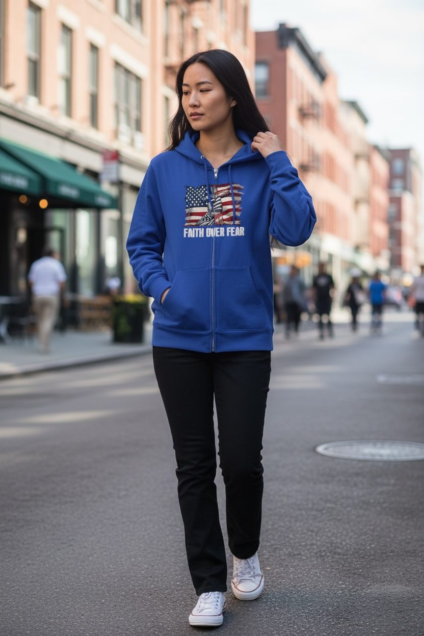 Faith Over Fear American Flag Cross Zip Hoodie