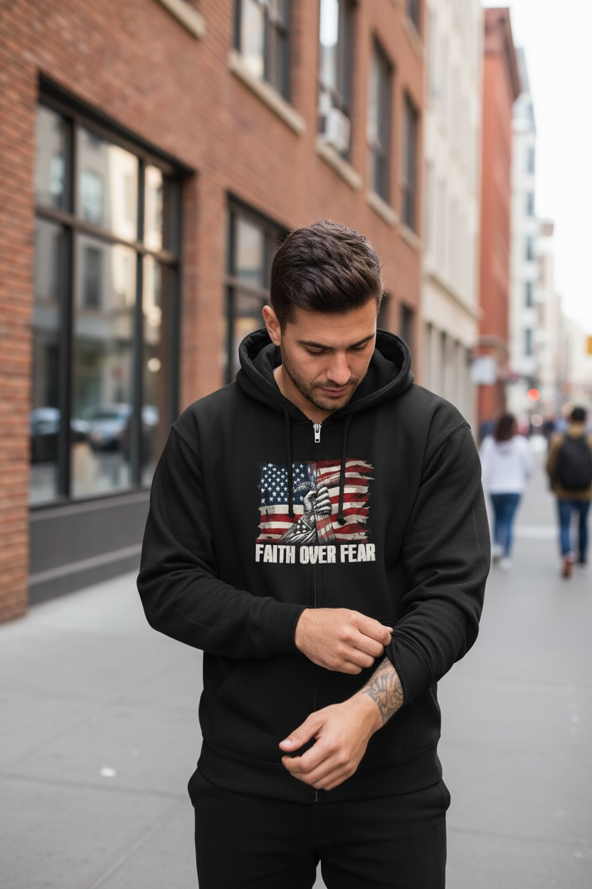 Faith Over Fear American Flag Cross Zip Hoodie