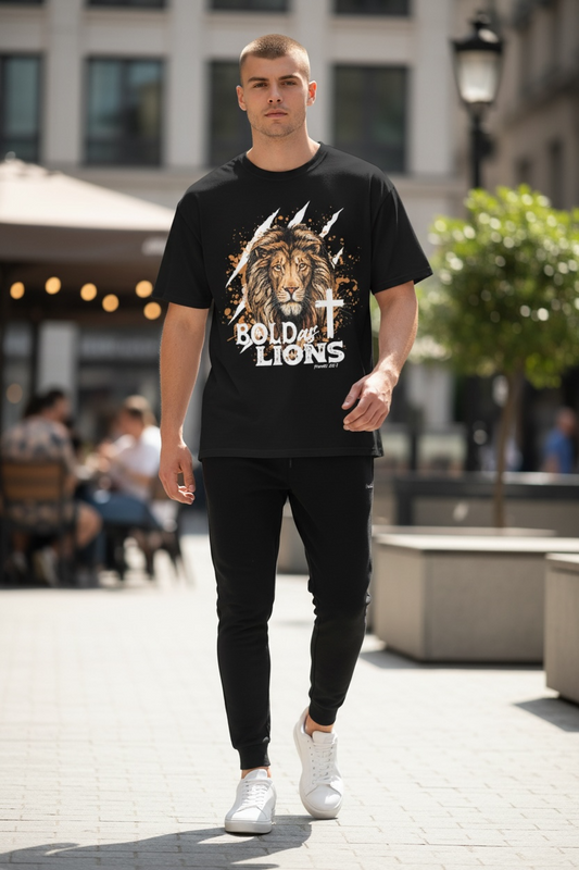 Bold as Lions T-Shirt — Christian Lion Graphic Tee with Cross