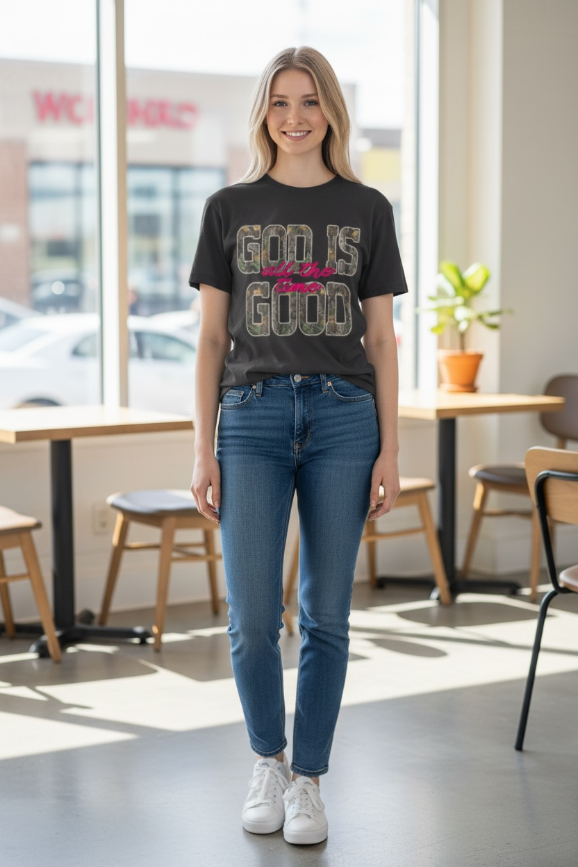 God Is Good Camo typography T-shirt | Christian faith shirt