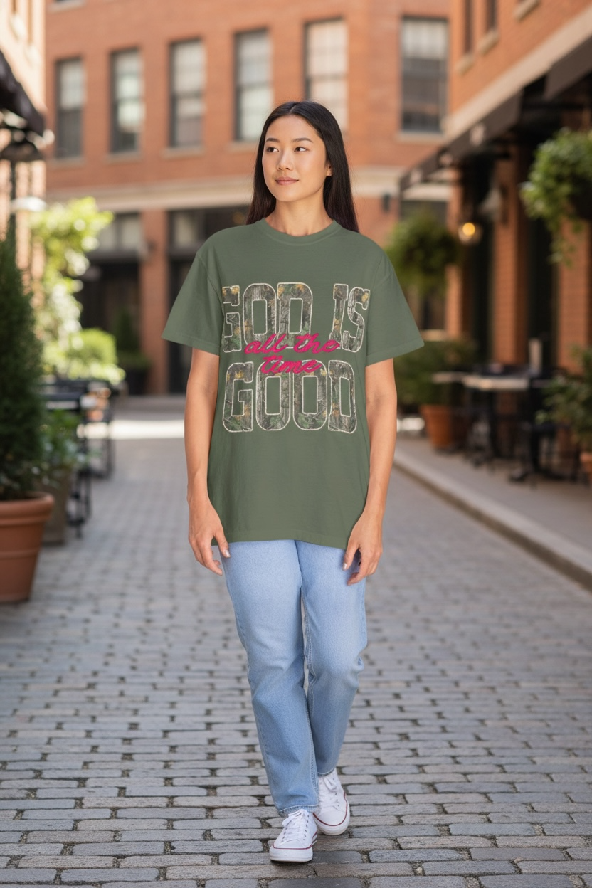 God Is Good Camo typography T-shirt | Christian faith shirt