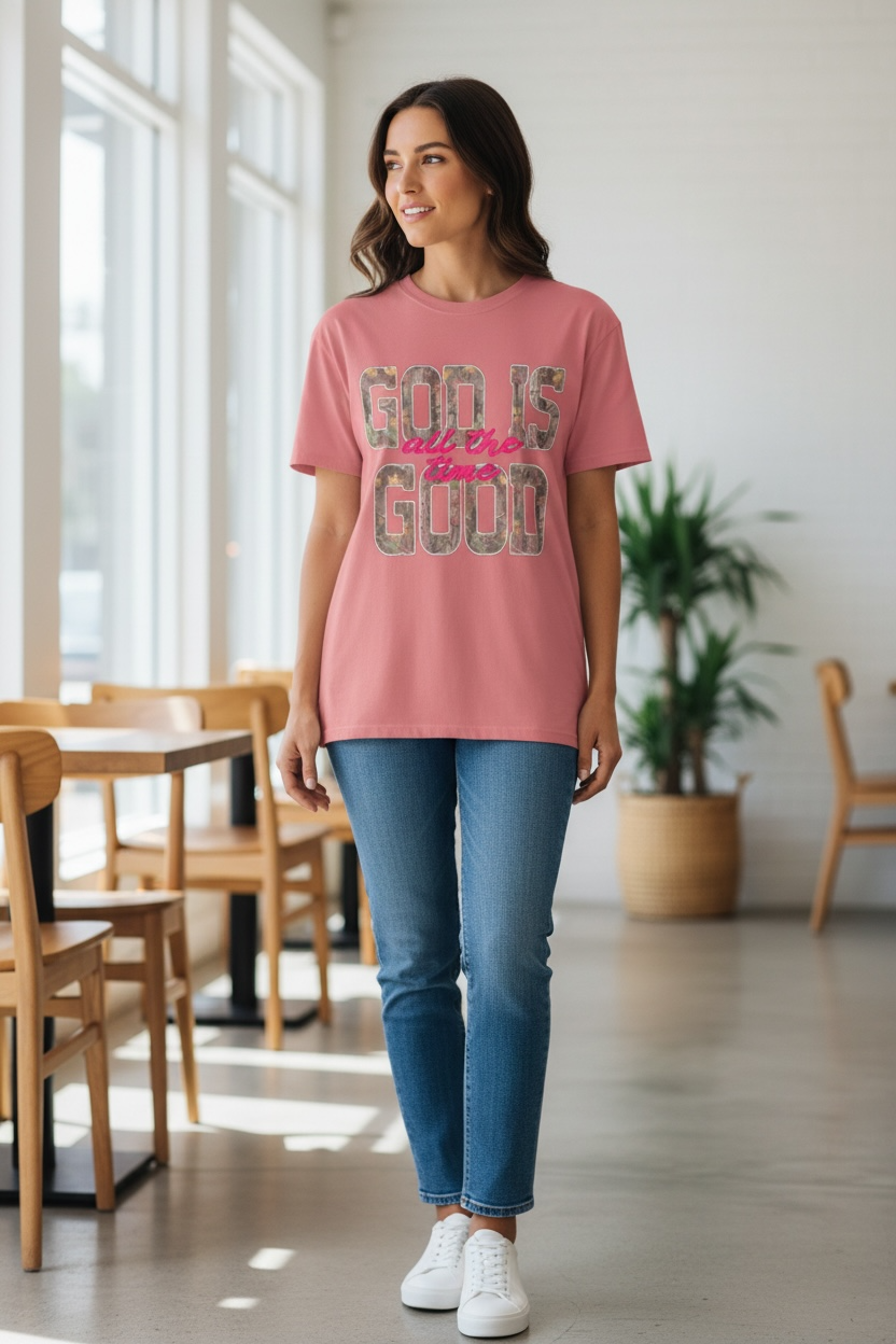 God Is Good Camo typography T-shirt | Christian faith shirt