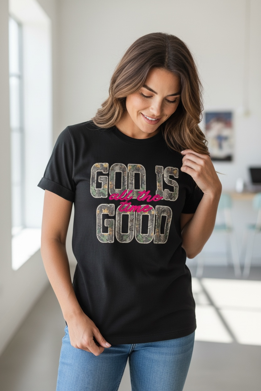 God Is Good Camo typography T-shirt | Christian faith shirt