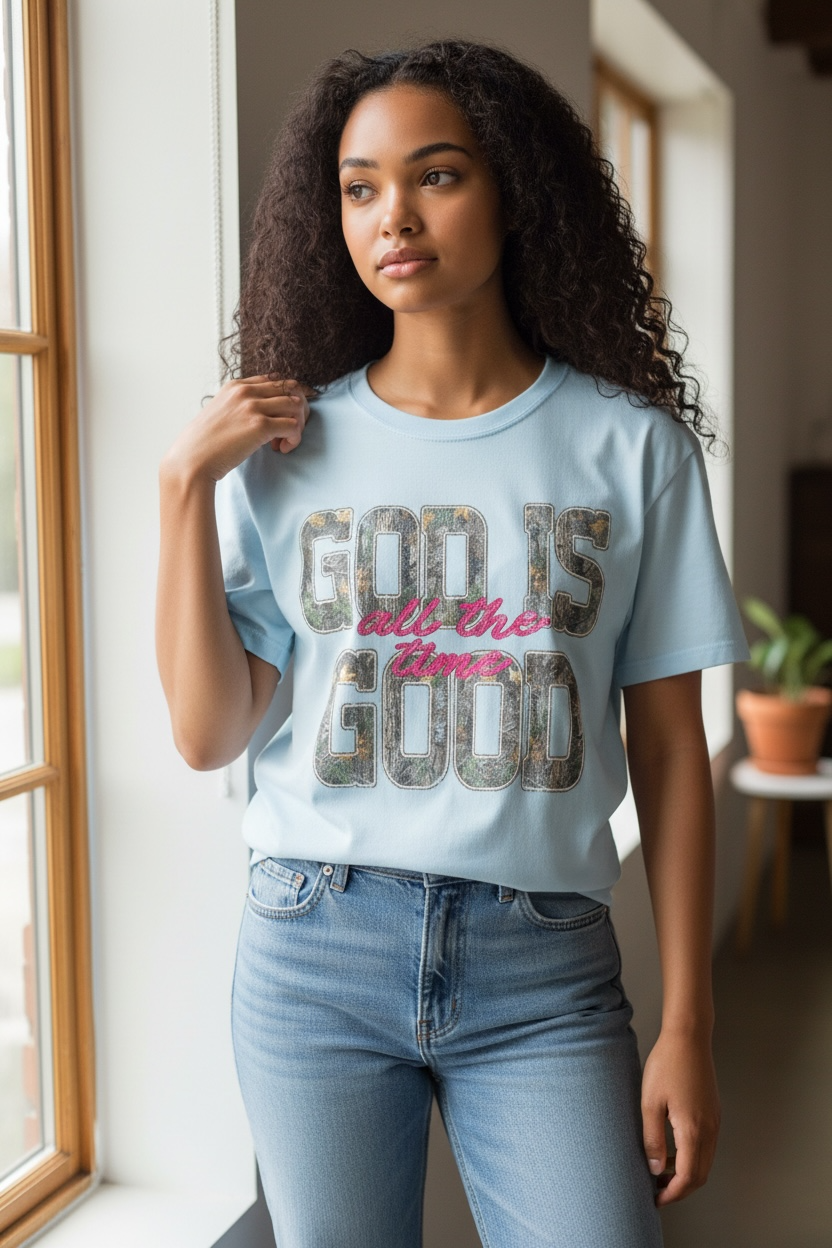 God Is Good Camo typography T-shirt | Christian faith shirt