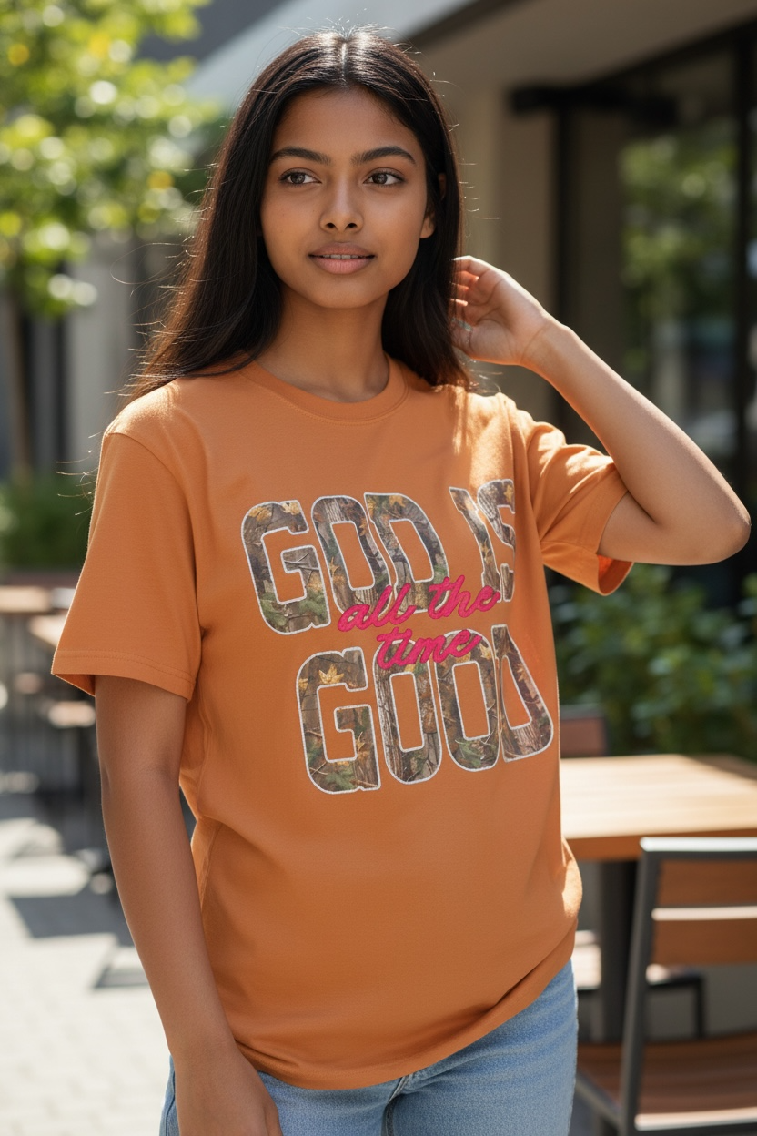God Is Good Camo typography T-shirt | Christian faith shirt