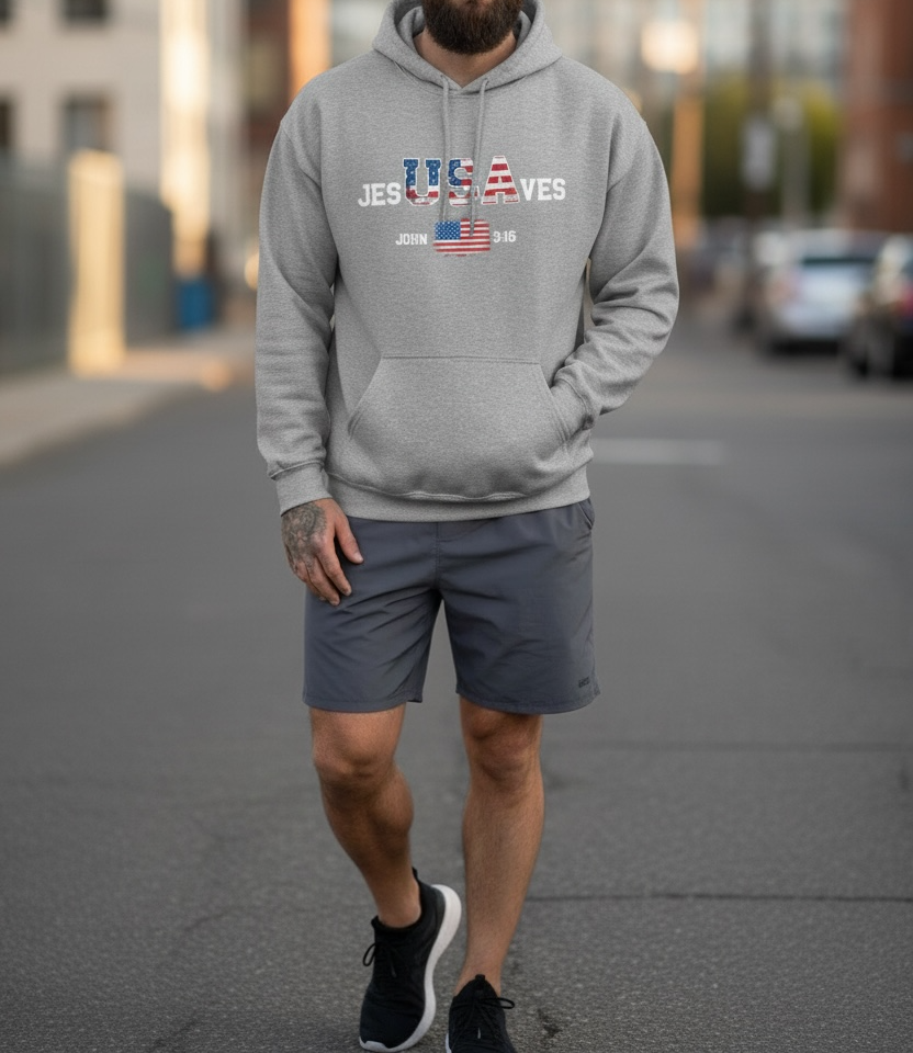 Jesus Saves USA Hoodie — Patriotic Christian Sweatshirt (John 3:16)