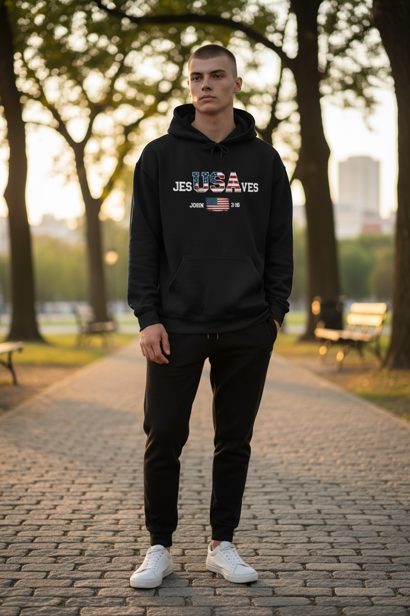 Jesus Saves USA Hoodie — Patriotic Christian Sweatshirt (John 3:16)