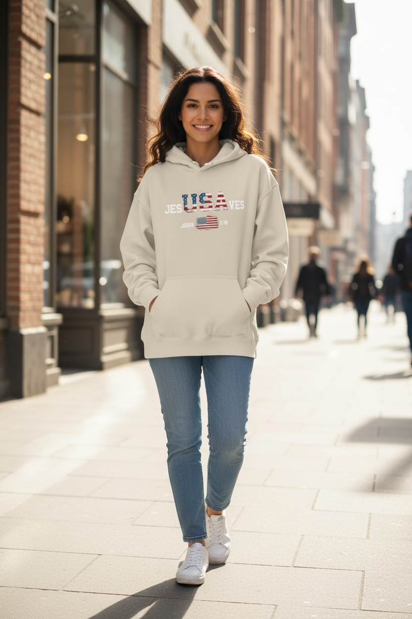 Jesus Saves USA Hoodie — Patriotic Christian Sweatshirt (John 3:16)
