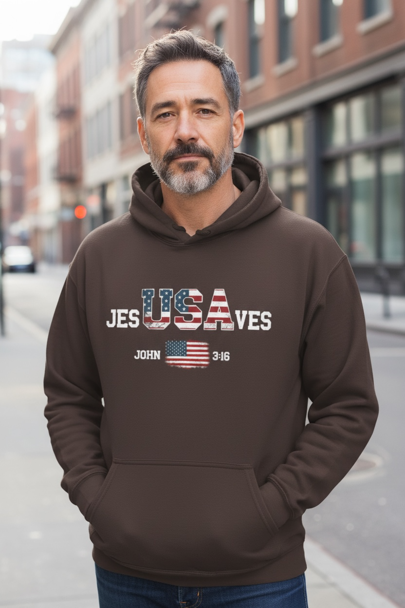 Jesus Saves USA Hoodie — Patriotic Christian Sweatshirt (John 3:16)