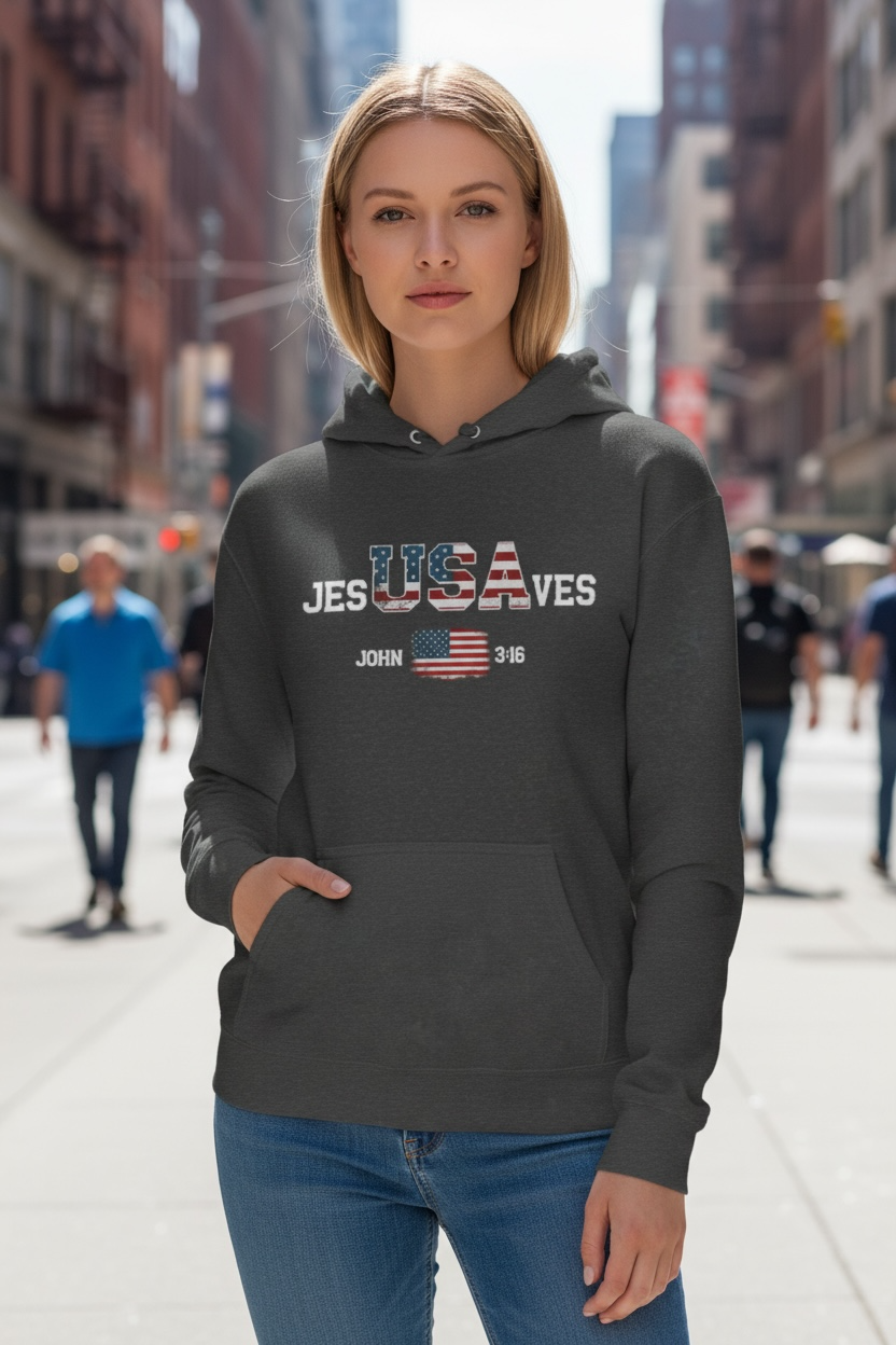 Jesus Saves USA Hoodie — Patriotic Christian Sweatshirt (John 3:16)