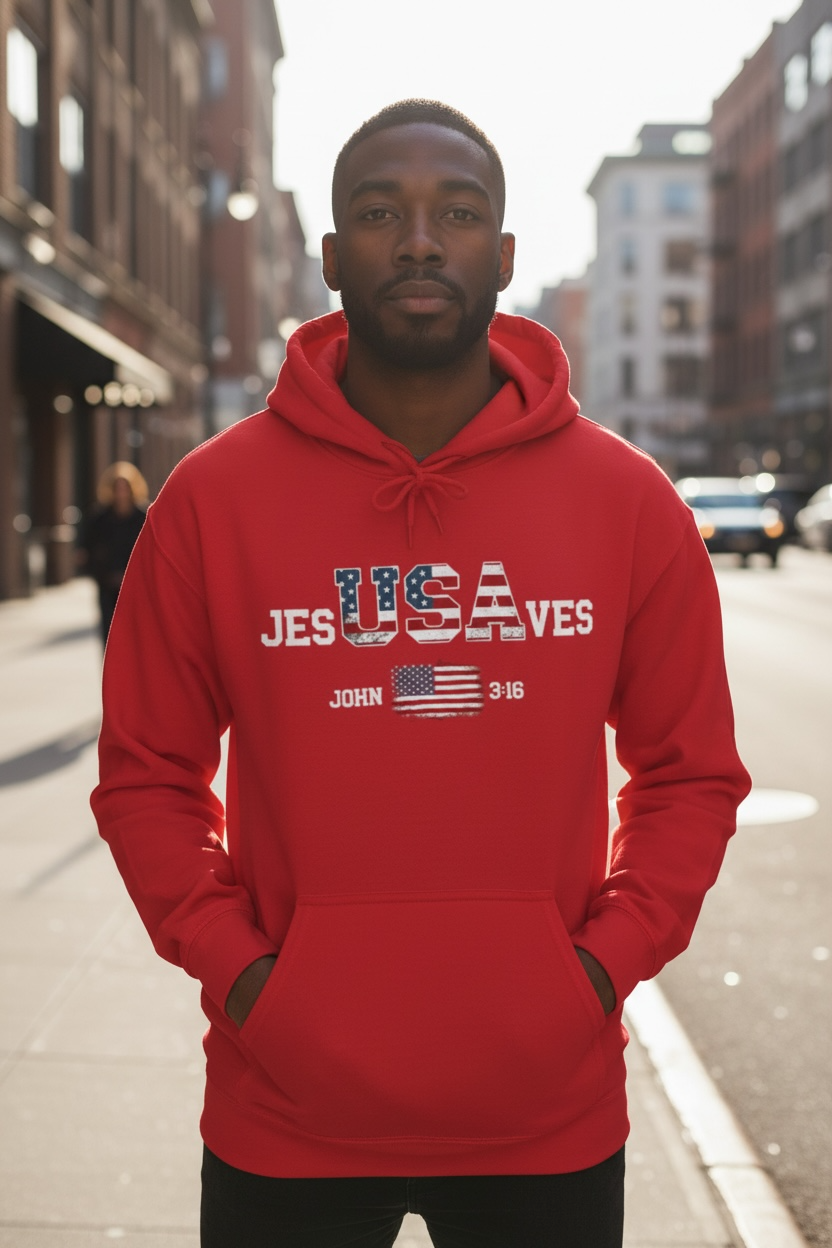 Jesus Saves USA Hoodie — Patriotic Christian Sweatshirt (John 3:16)