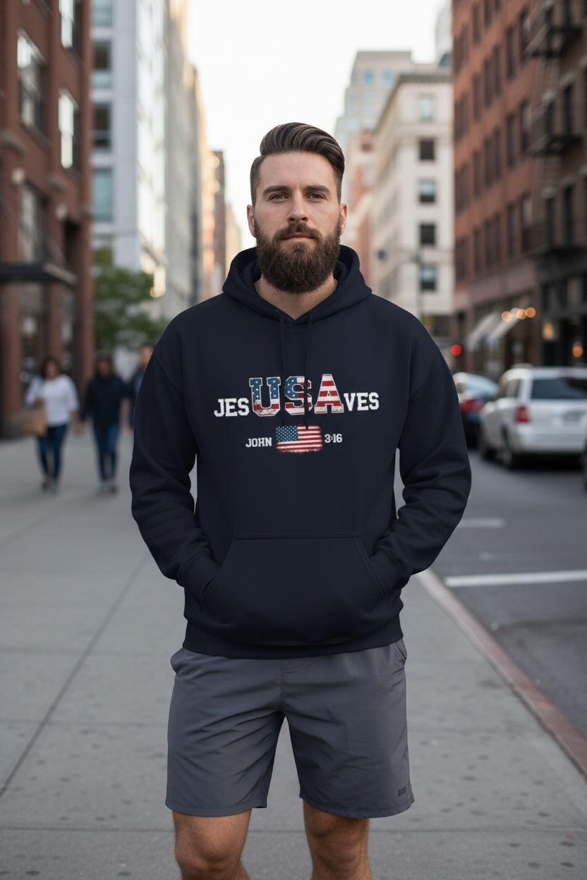 Jesus Saves USA Hoodie — Patriotic Christian Sweatshirt (John 3:16)