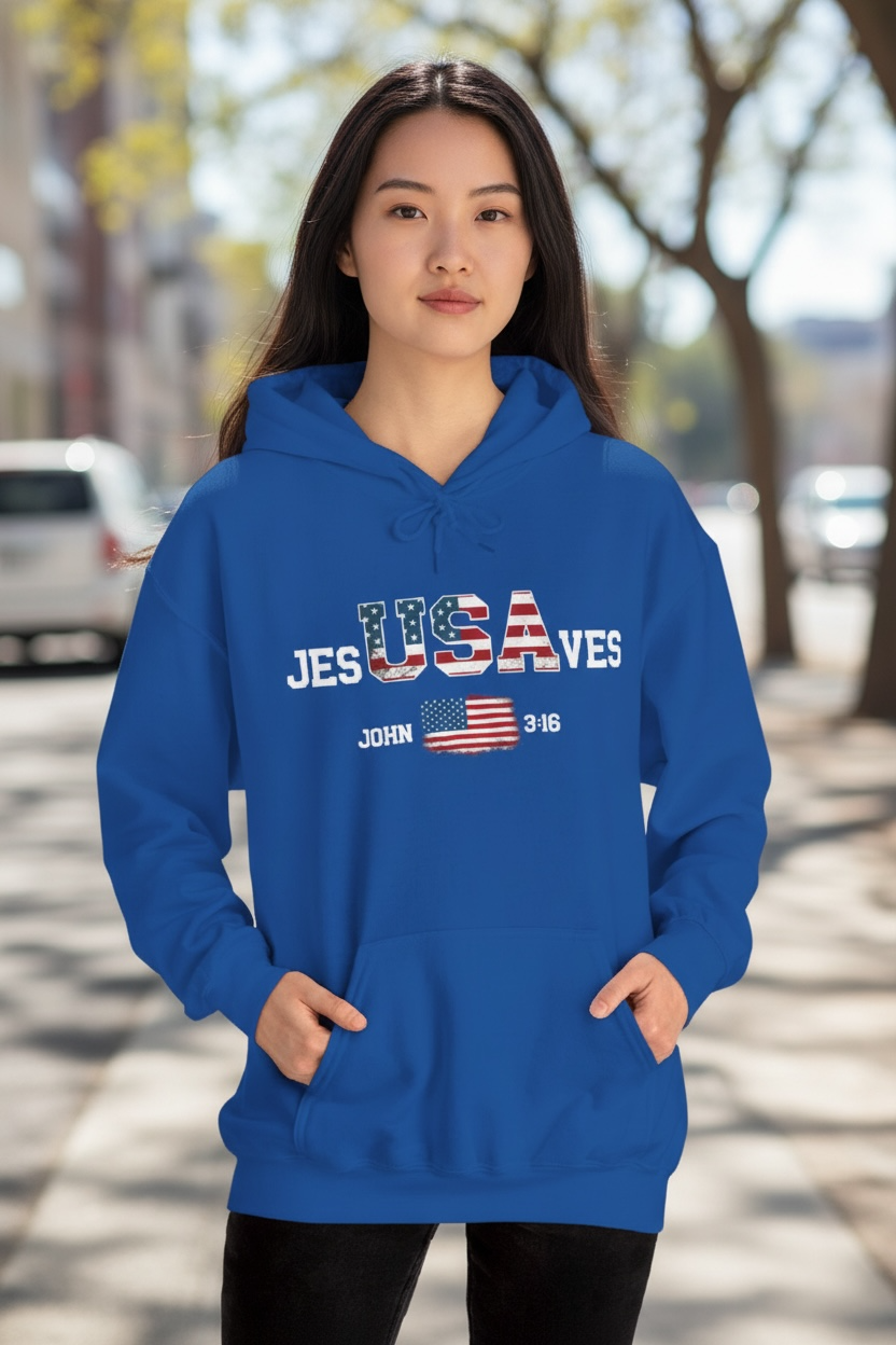 Jesus Saves USA Hoodie — Patriotic Christian Sweatshirt (John 3:16)