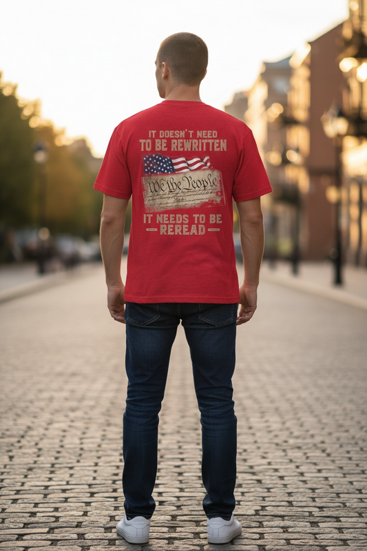 Constitutional Tee  "It Doesn't Need to Be Rewritten, It Needs to Be Reread" Patriotic Crew with distressed cross