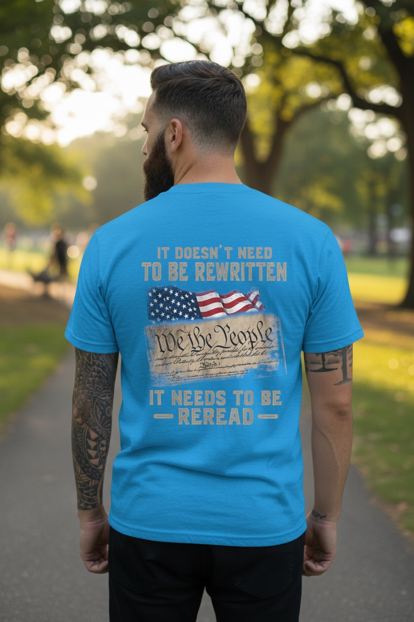 Constitutional Tee  "It Doesn't Need to Be Rewritten, It Needs to Be Reread" Patriotic Crew with distressed cross