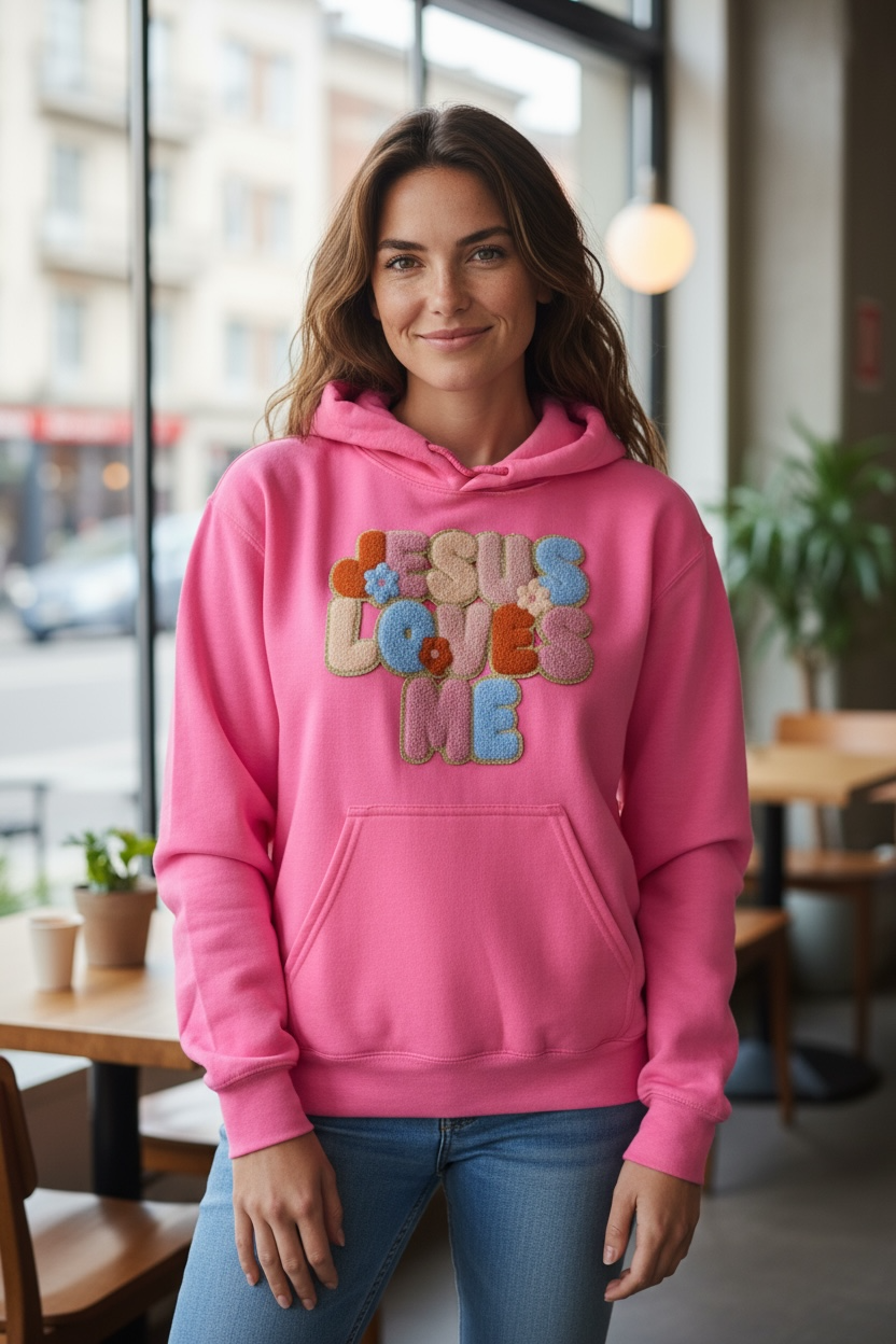 Chenille Jesus loves me Neon Pink Hoodie Limited stock
