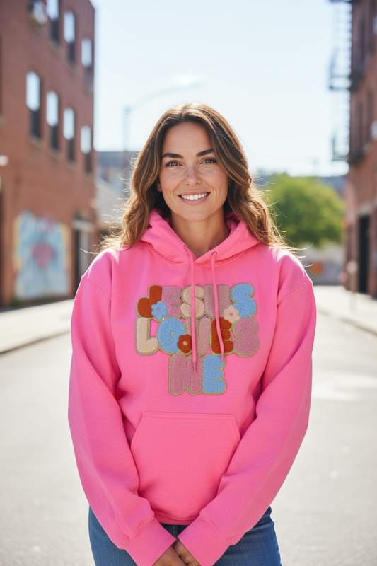 Chenille Jesus loves me Neon Pink Hoodie Limited stock