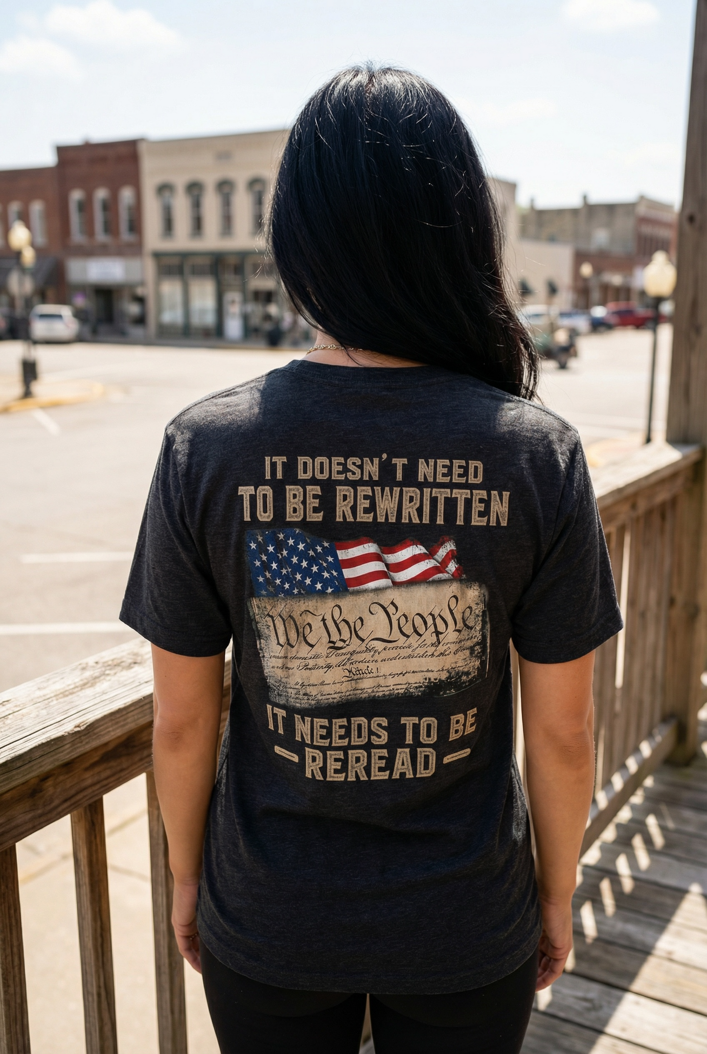 Constitutional Tee  "It Doesn't Need to Be Rewritten, It Needs to Be Reread" Patriotic Crew with distressed cross