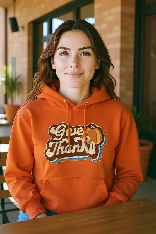Chenille Give Thanks Pumpkin Orange Hoodie