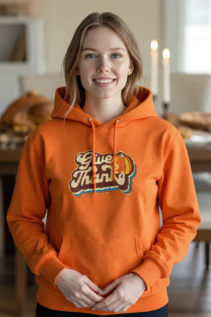 Chenille Give Thanks Pumpkin Orange Hoodie