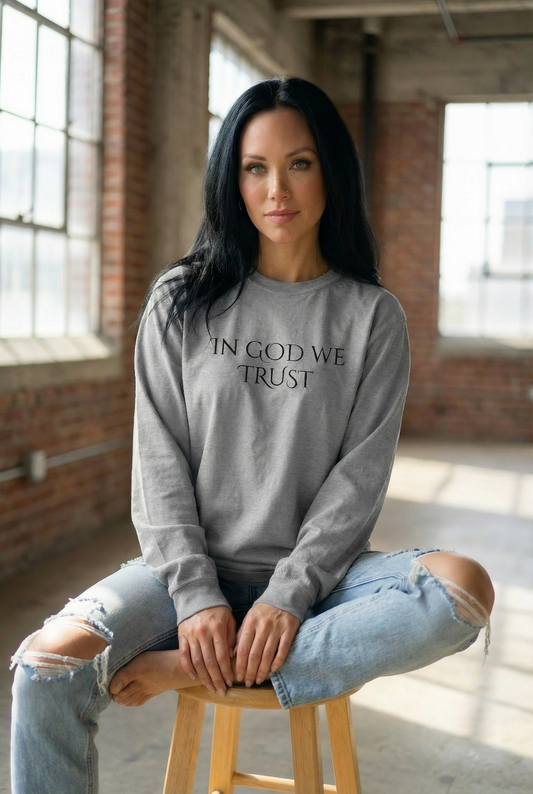 Embordered In God We Trust Crewneck Sweatshirt Faith-Based Minimalist Pullover