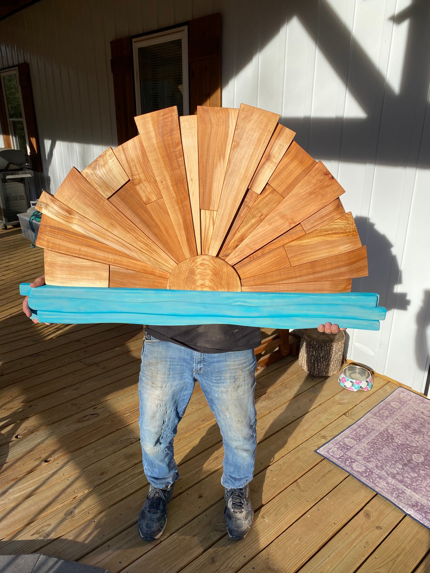 Handcrafted Solid Wood Sunrise Wall Art, 3D Ocean Wave Sculpture, Coastal Wooden Sun Decor, Rustic Beach House Statement Piece