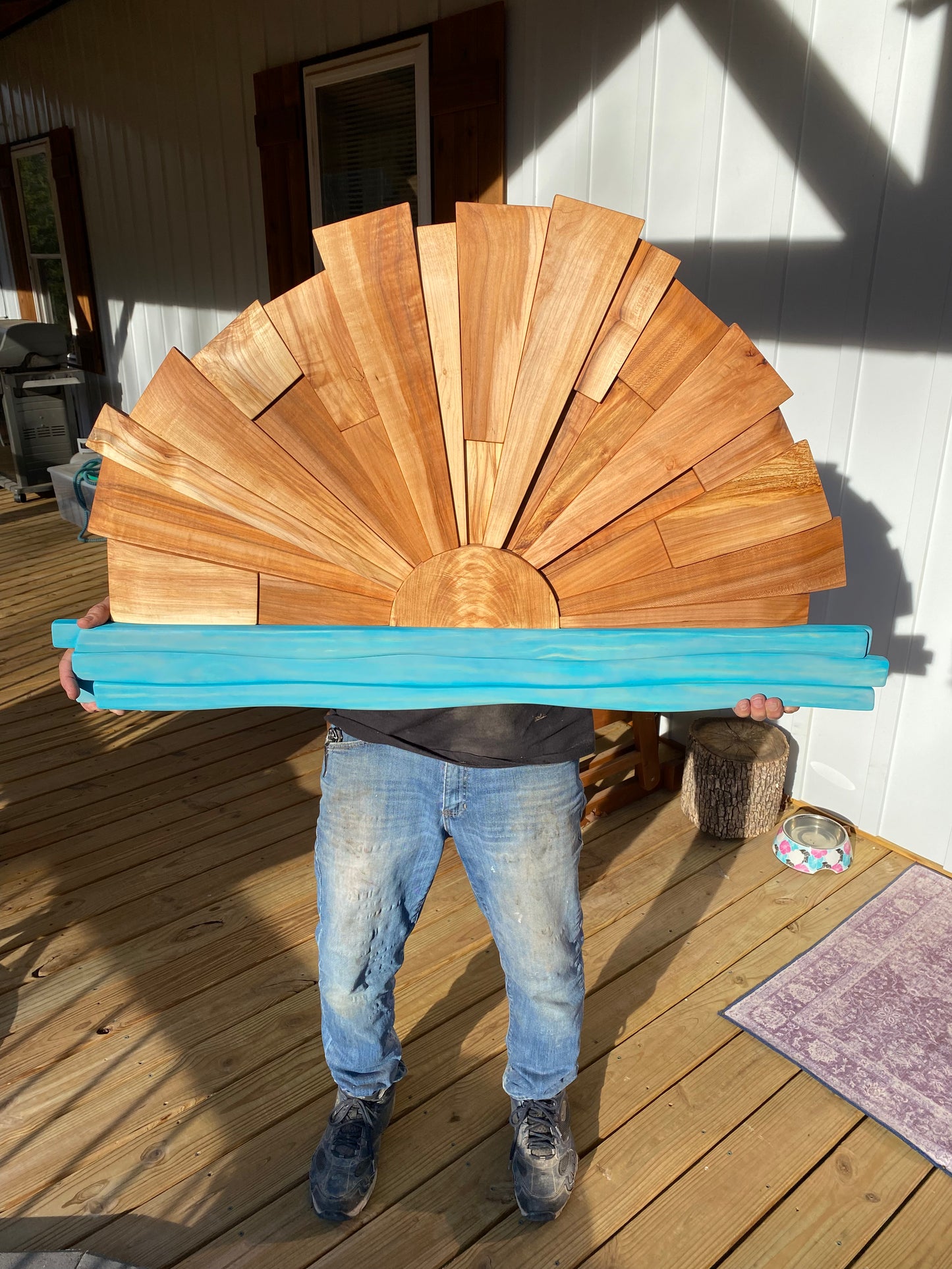 Handcrafted Solid Wood Sunrise Wall Art, 3D Ocean Wave Sculpture, Coastal Wooden Sun Decor, Rustic Beach House Statement Piece