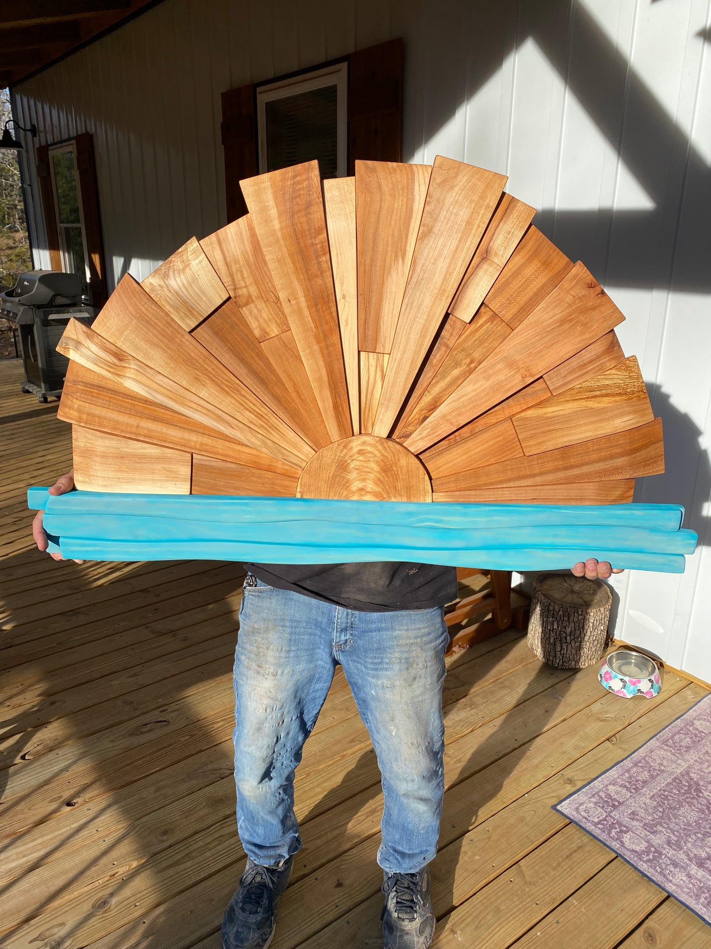 Handcrafted Solid Wood Sunrise Wall Art, 3D Ocean Wave Sculpture, Coastal Wooden Sun Decor, Rustic Beach House Statement Piece