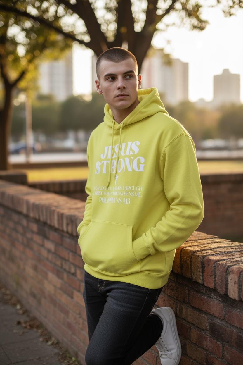Neon Yellow Philippians 4:13 Jesus Strong Hoodie