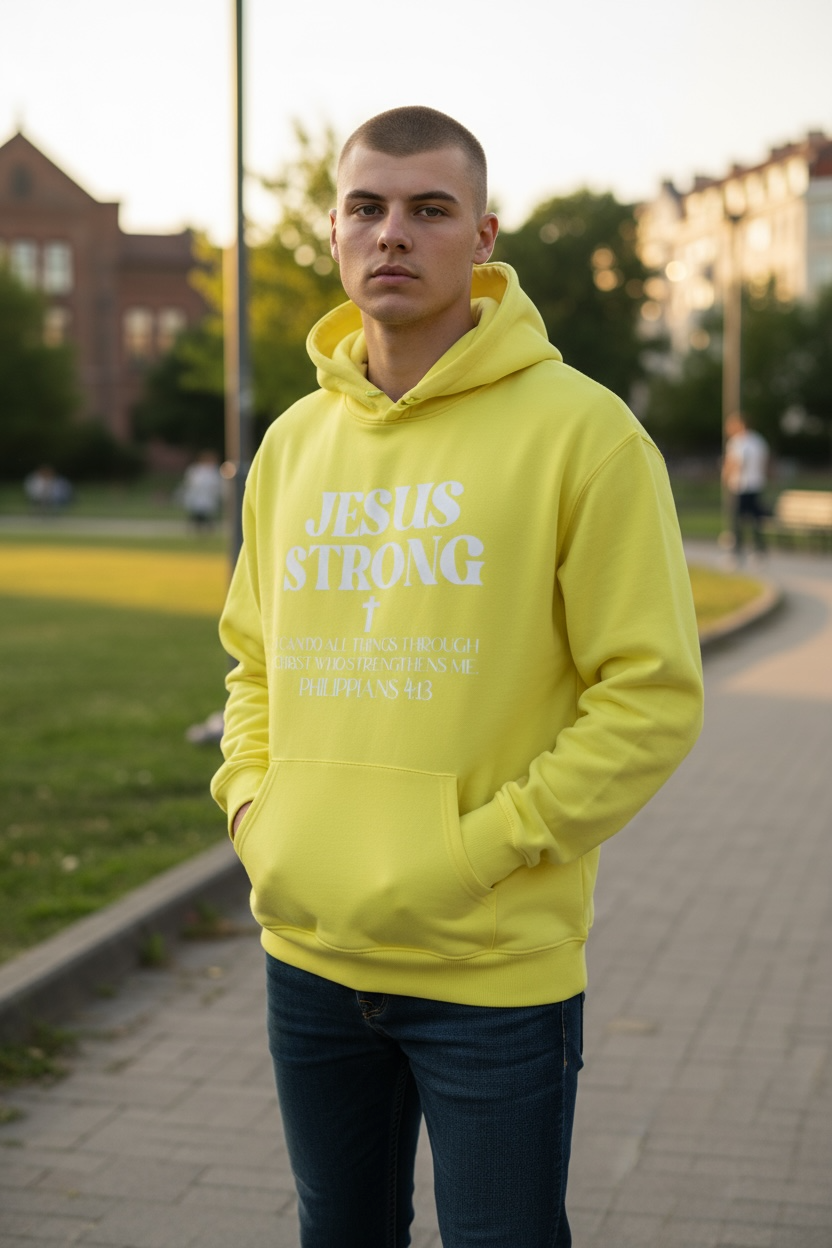 Neon Yellow Philippians 4:13 Jesus Strong Hoodie