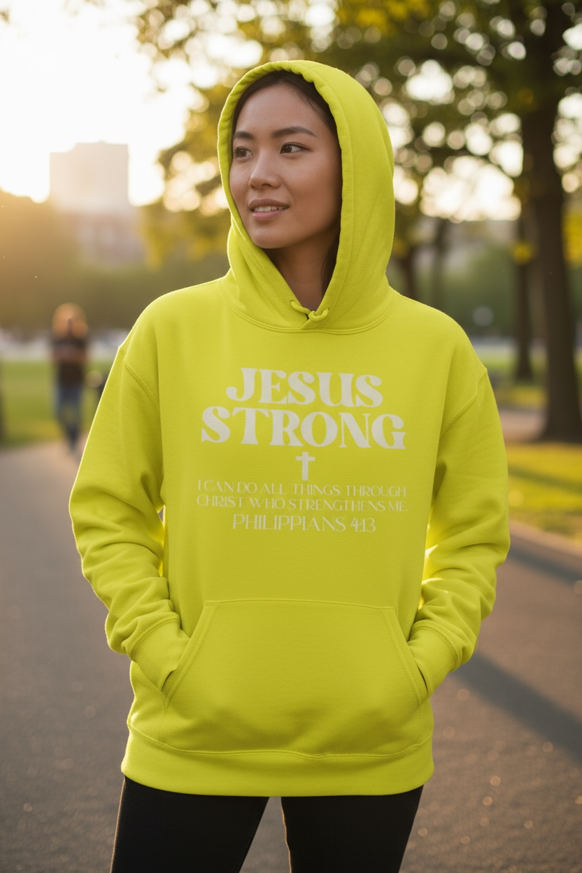 Neon Yellow Philippians 4:13 Jesus Strong Hoodie