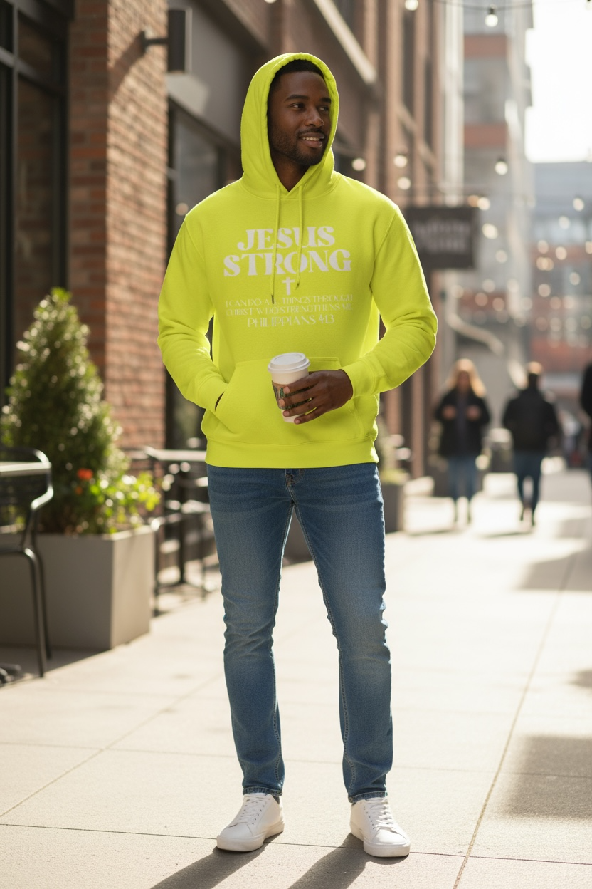 Neon Yellow Philippians 4:13 Jesus Strong Hoodie