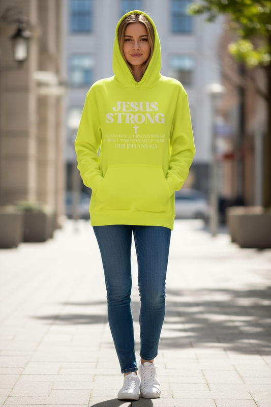Neon Yellow Philippians 4:13 Jesus Strong Hoodie