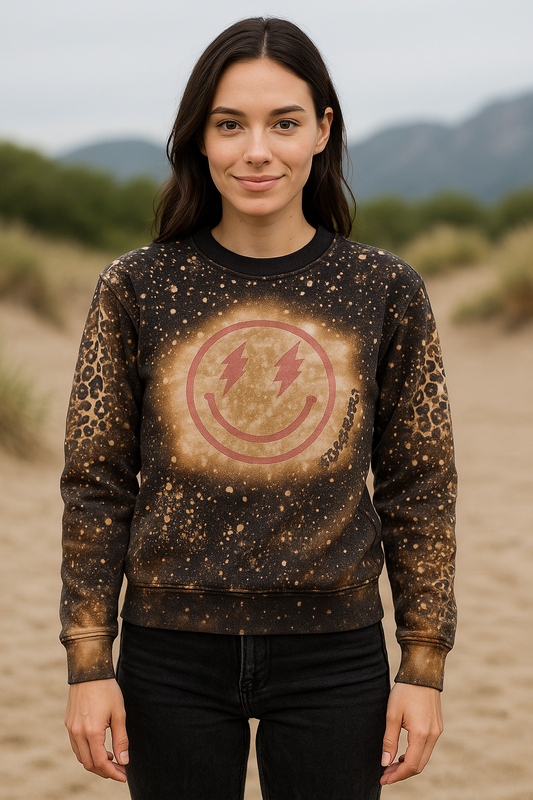 Bleached Leopard Smiley Face Sweatshirt size SMALL