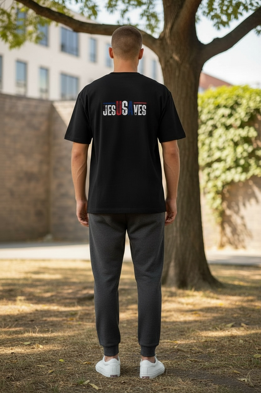 USA Jesus Saves Flag T‑Shirt — Red & Blue Vintage Lettering