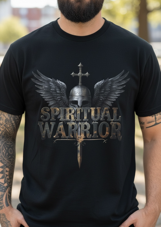 Spiritual Warrior T-Shirt — Winged Helmet & Sword Christian Faith Tee