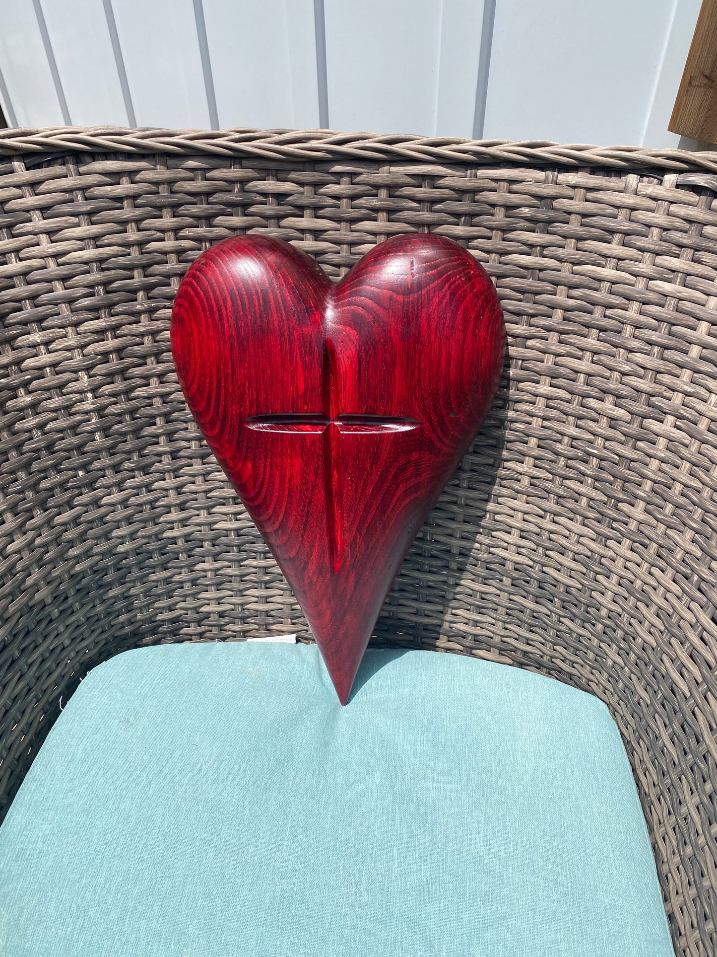Red engraved Cross Heart 3D art Large heart Hand Carved Wooden Heart Wall Decor – 3D Rustic Wood Heart Sculpture – Anniversary / Wedding Gift – Handmade Natural Wood