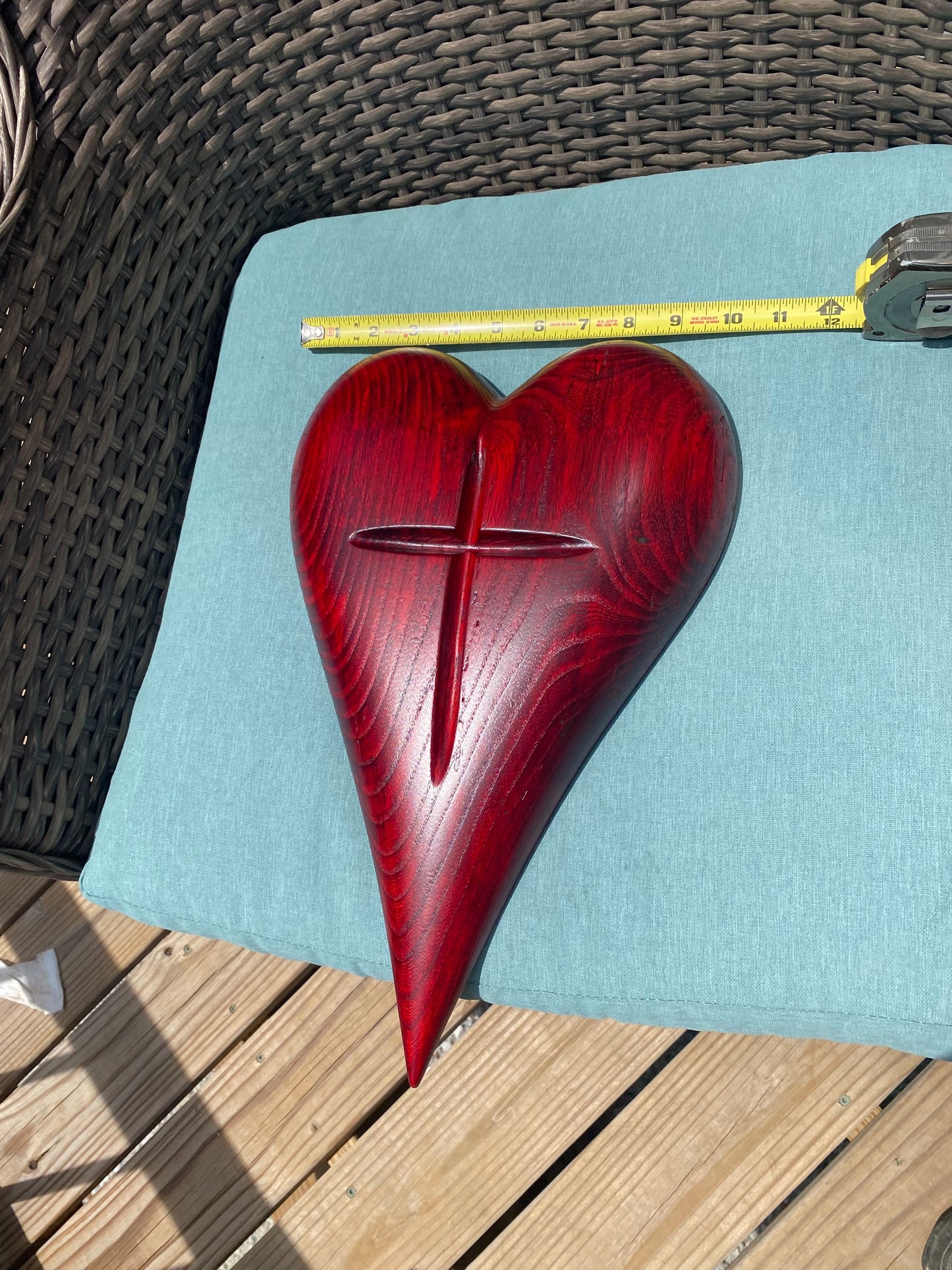 Red engraved Cross Heart 3D art Large heart Hand Carved Wooden Heart Wall Decor – 3D Rustic Wood Heart Sculpture – Anniversary / Wedding Gift – Handmade Natural Wood