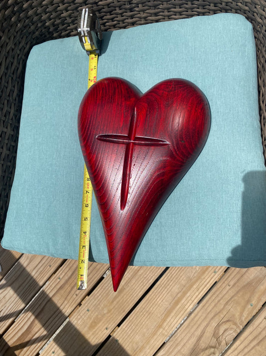 Red engraved Cross Heart 3D art Large heart Hand Carved Wooden Heart Wall Decor – 3D Rustic Wood Heart Sculpture – Anniversary / Wedding Gift – Handmade Natural Wood